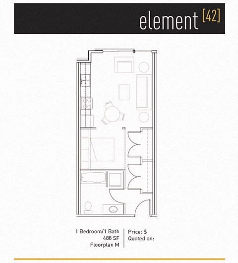 Floor plan for 1 bed, 1 bath, 488 sqft